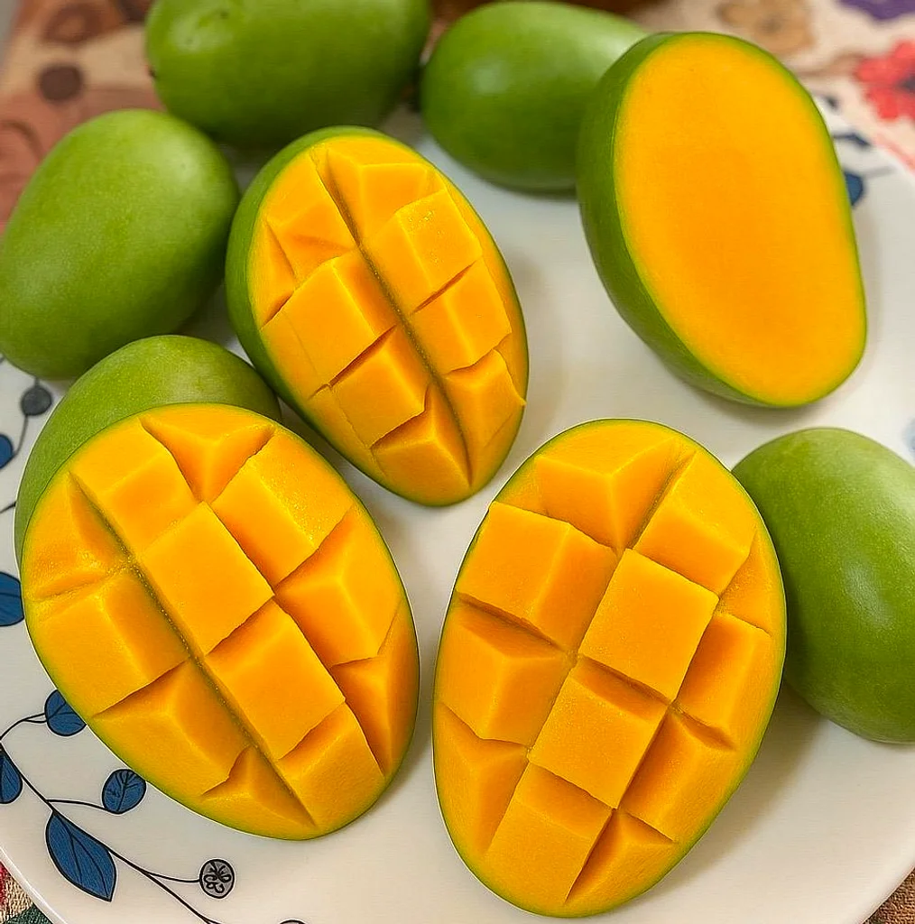 Fresh Bhagalpur Dudhia Malda Mangoes - Sliced on plate